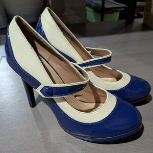 Retro Blue And Cream Platform Heels